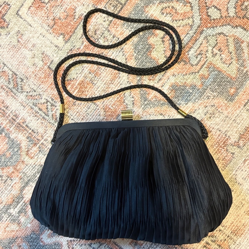 Marshall Field's Vintage Black Satin Pleated Evening Bag Shoulder Clutch Gold